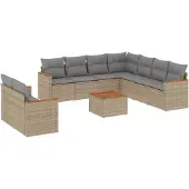 vidaXL 10-delige Loungeset met kussens poly rattan beige