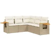 vidaXL 5-delige Loungeset met kussens poly rattan beige