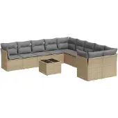 vidaXL 11-delige Tuinset met kussens poly rattan beige