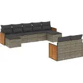vidaXL 9-delige tuinmeubelset met kussens, grijs, polyrotan
