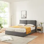 En.casa Gestoffeerd bed 'Lunner', tweepersoonsbed met bedlade, 160 x 200 cm, donkergrijs