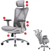 Sihoo bureaustoel bureaustoel, ergonomisch, verstelbare armleuning, 150kg belastbaar ~ grijze bekleding, wit frame