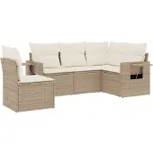 vidaXL 5-delige Loungeset met kussens poly rattan beige