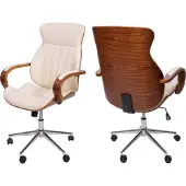 MCW Bureaustoel -H39, bureaustoel bureaustoel directiestoel, gebogen hout walnoot look kunstleer MVG-gecertificeerd ~ crème