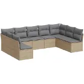 vidaXL 9-delige Loungeset met kussens poly rattan beige