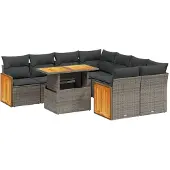 vidaXL 9-delige Loungeset met kussens poly rattan grijs