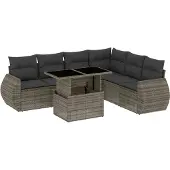 vidaXL 7-delige tuinmeubelset met kussens, grijs, polyrotan