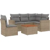 vidaXL 6-delige Loungeset met kussens poly rattan gemengd beige