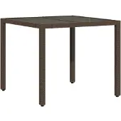 vidaXL Tuintafel met glazen blad 90x90x75 cm poly rattan bruin