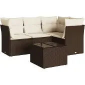 vidaXL 5-delige Loungeset met kussens poly rattan bruin