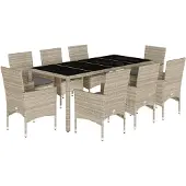 vidaXL 9-delige Tuinset met kussens poly rattan en glas lichtgrijs