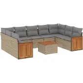 vidaXL 10-delige Loungeset met kussens poly rattan beige