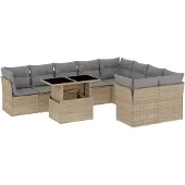 vidaXL 10-delige Loungeset met kussens poly rattan beige