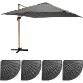 Oviala - Verstelbare parasol 3x3m en 4 grijze verzwaarde tegels met houtlook - Brescia