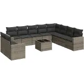 vidaXL 11-delige Loungeset met kussens poly rattan grijs