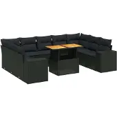 vidaXL 10-delige Loungeset met kussens poly rattan zwart