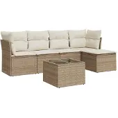 vidaXL 6-delige Loungeset met kussens poly rattan beige