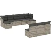 vidaXL 10-delige Loungeset met kussens poly rattan lichtgrijs
