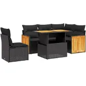 vidaXL 6-delige Loungeset met kussens poly rattan zwart