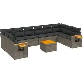 vidaXL 11-delige Loungeset met kussens poly rattan grijs
