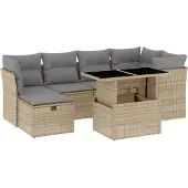 vidaXL 7-delige Loungeset met kussens poly rattan beige