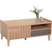 Mendler Salontafel -M48, salontafel sofatafel, mango massief hout 52x114x59cm ~ beige, lade grijs
