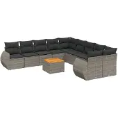 vidaXL 11-delige loungeset voor de tuin met kussens, grijs, polyrotan