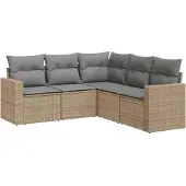 vidaXL 5-delige Loungeset met kussens poly rattan beige