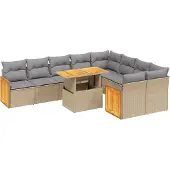 vidaXL 10-delige Loungeset met kussens poly rattan beige