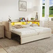 MODFU - Bedframe 90/180x190 cm – Beige flanel met LED & stopcontacten – Slaapbank