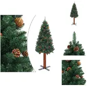 vidaXL Kunstboom - Kunstbomen - Kunstkerstboom - Kunstkerstbomen - Kerstboom met echt hout en dennenappels smal 150 cm PVC groen