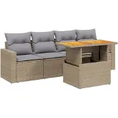 vidaXL 5-delige Loungeset met kussens poly rattan beige