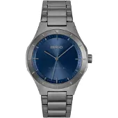HUGO Lit horloge met grijze coating en blauwe wijzerplaat