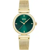 BOSS quartz goud dames horloge met groene wijzerplaat & mesh band