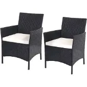 MCW Set van 2 poly rotan tuinstoelen Halden, rieten fauteuil ~ antraciet, crèmekleurige kussens