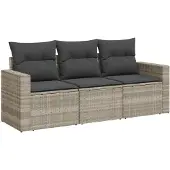 vidaXL 3-delige Loungeset met kussens poly rattan lichtgrijs