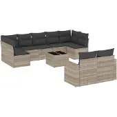 vidaXL 10-delige Loungeset met kussens poly rattan lichtgrijs