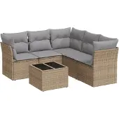 vidaXL 6-delige Loungeset met kussens poly rattan beige