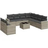 vidaXL 10-delige Loungeset met kussens poly rattan lichtgrijs
