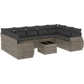 vidaXL 10-delige Loungeset met kussens poly rattan grijs
