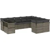 vidaXL 10-delige Loungeset met kussens poly rattan grijs