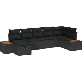 vidaXL Tuinbank Set met kussen 7 pcs Zwart Poly rattan