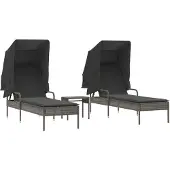 vidaXL Ligbedden 2 st met luifels en tafel poly rattan grijs