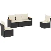 vidaXL 5-delige Loungeset met kussens poly rattan zwart