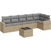 vidaXL 7-delige Loungeset met kussens poly rattan beige