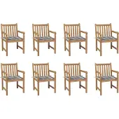 Syfax Tuinstoelen 8 st met grijs geruite kussens massief teakhout
