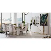 AEA Beige Edelstahl Esszimmer Garnitur Designer Esstisch x6 Stühle Kommode