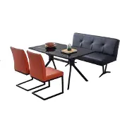 AEA Designer Esszimmer Set 2x Braune Polsterstühle Schwarzer Esstisch Bank