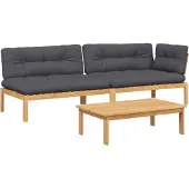 vidaXL 3-delige Loungeset pallet met kussens massief acaciahout