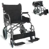 Mobiclinic Museo - Opvouwbare Transportrolstoel - Aluminium - Rem op handgrepen - Orthopedische rolstoel - Voetsteun - Armsteunen - Ultra-lichtgewicht - Zwart